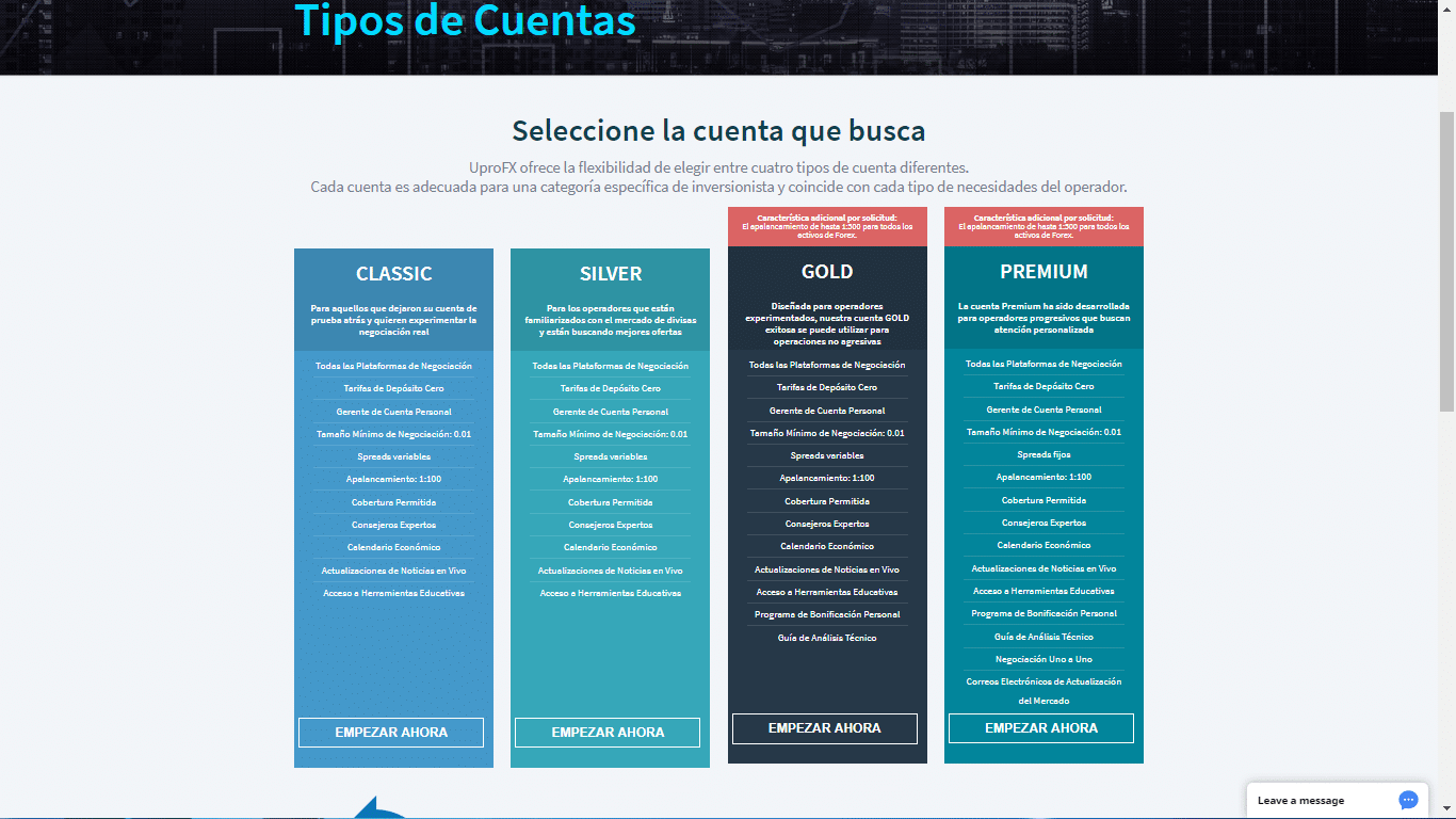 Las cuatro cuentas en UproFX